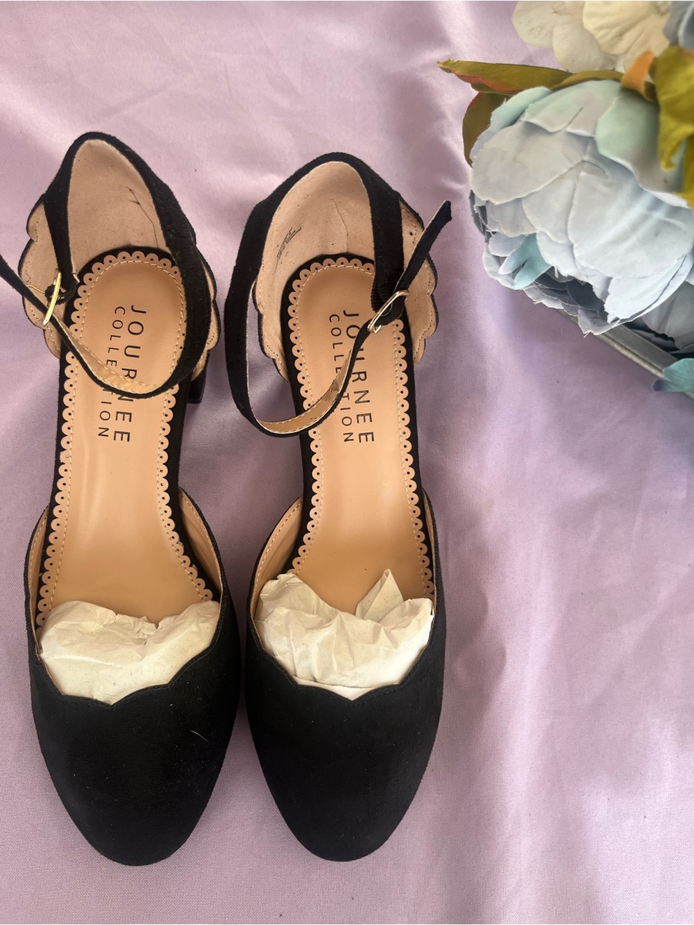 Journee Collection Black Ankle-Strap Suede Pumps